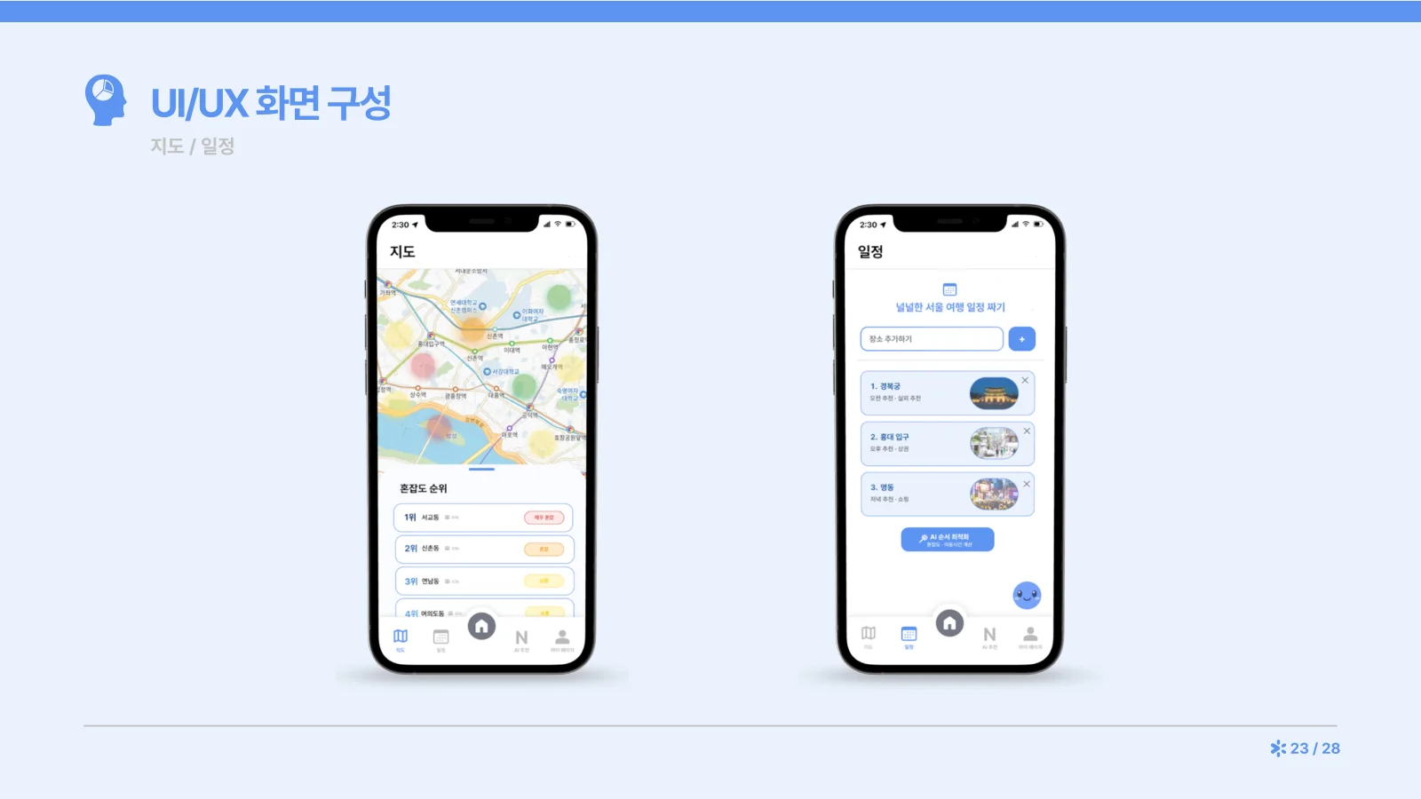 23쪽 — UI/UX 화면 구성: 지도와 일정
